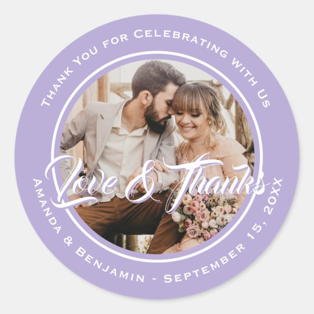 Lavender Modern Thank You Wedding Photo Favor Classic Round Sticker (Front)