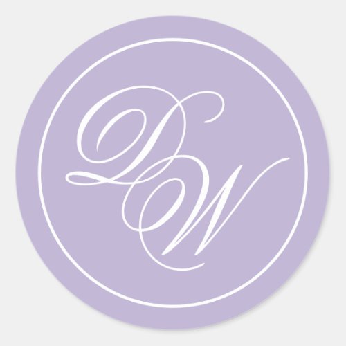 Lavender Monogram 2 Initials Purple White Script  Classic Round Sticker