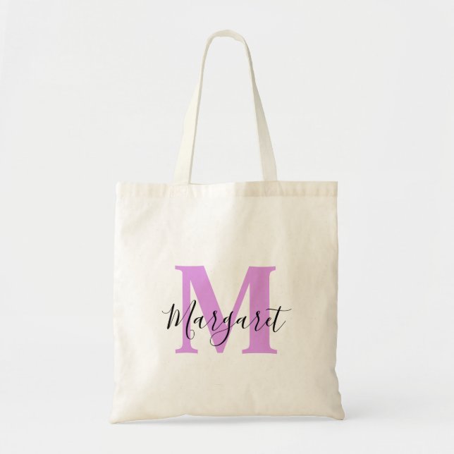 Lavender Monogram Black Script Name Tote Bag (Front)