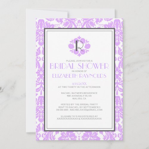 Lavender Monogram Damask Bridal Shower Invitations
