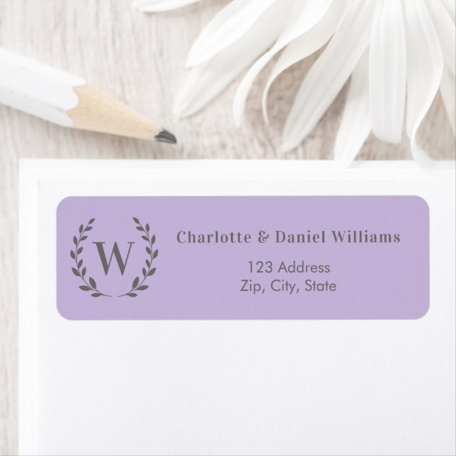 Lavender monogram initial wreath return address label (Insitu)