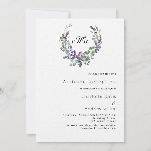 Lavender monogram violet luxury wedding reception invitation