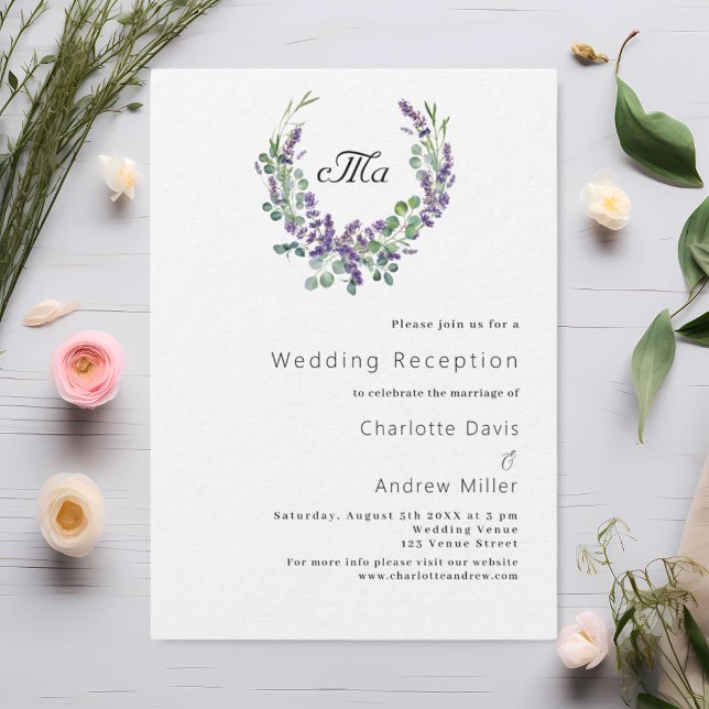 Lavender monogram violet luxury wedding reception invitation (Creator Uploaded)