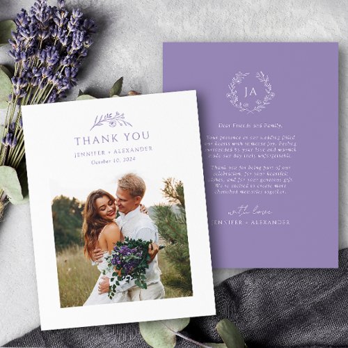 Lavender Monogram Wedding Thank You Card
