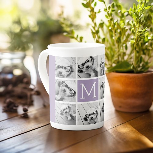 Lavender Monogram with 8 Photo Collage Grid Bone China Mug