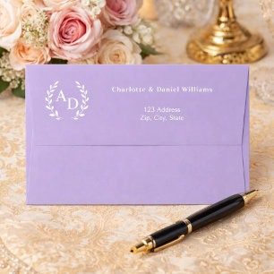 Lavender monogram wreath return address envelope