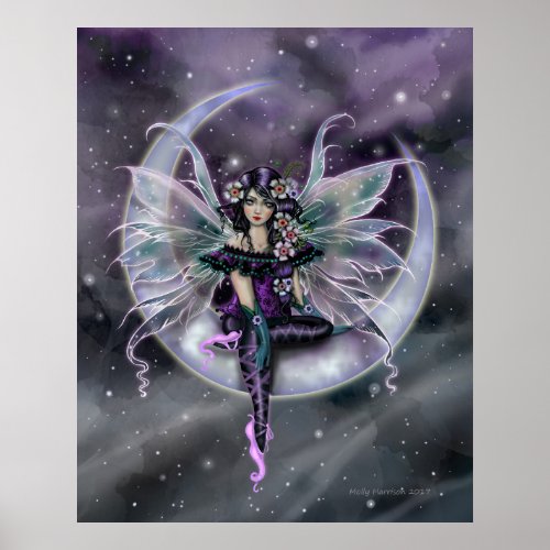 Lavender Moon Fairy on Crescent Moon Fantasy Art Poster