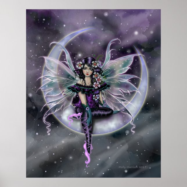 Lavender Moon Fairy on Crescent Moon Fantasy Art Poster (Front)