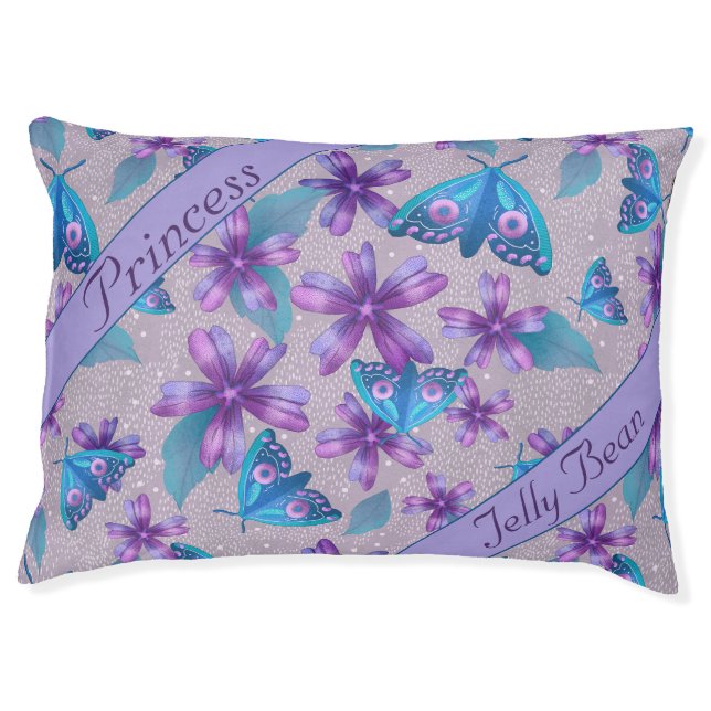 Lavender Moth Floral Pet Name Banner Bed (Front)