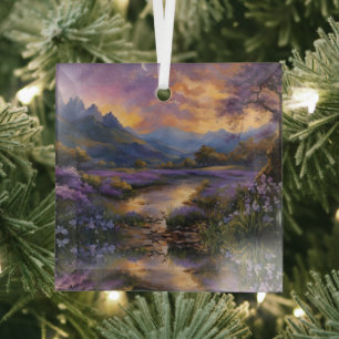 Lavender Mountain Valley at Dawn Glass Ornament