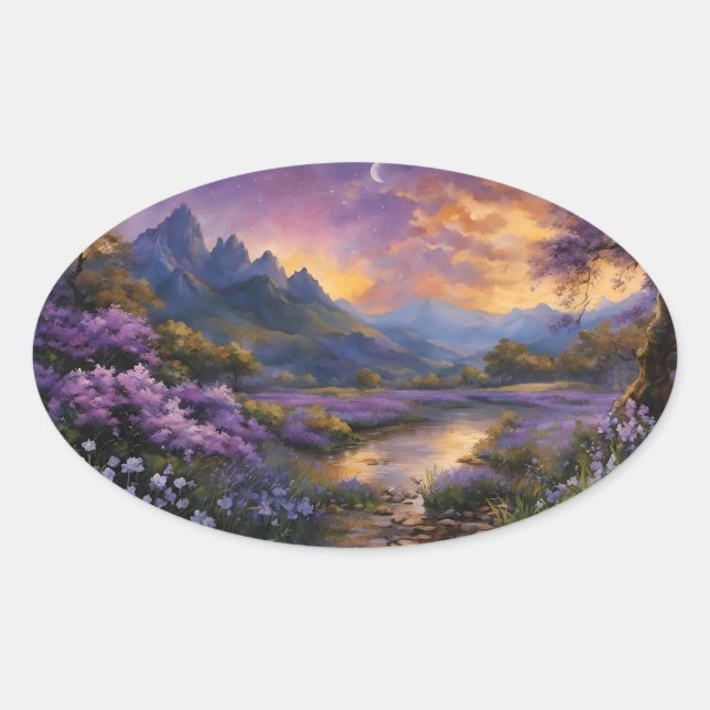 Lavender Mountain Valley at Dawn Oval Sticker (Front)