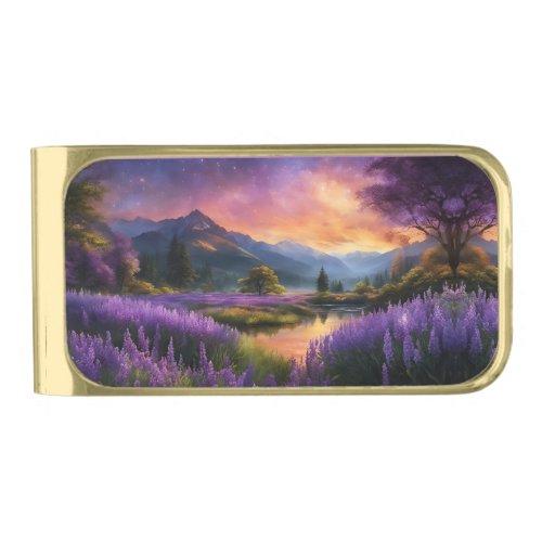 Lavender Mountain Valley at Daybreak Gold Finish Money Clip