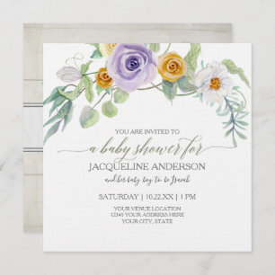 Lavender n Amber Rose Floral Wood Baby Shower Girl Invitation