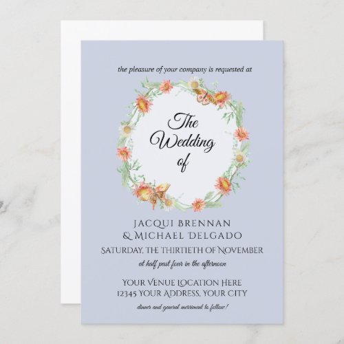 Lavender n Coral Butterfly Floral Wreath Wedding Invitation