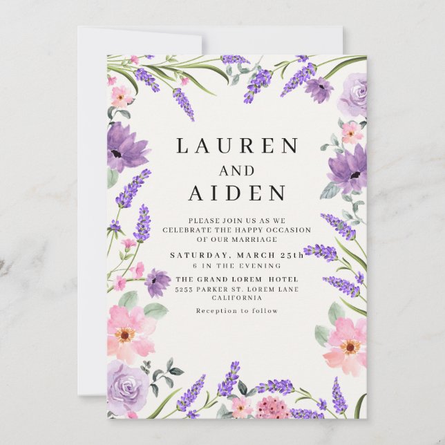 Lavender nature inspired floral spring wedding invitation (Front)