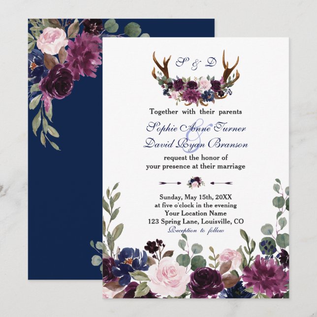 Lavender Navy Blue Floral Bloom Antlers Wedding Invitation (Front/Back)