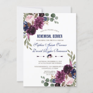 Lavender Navy Blue Floral Bloom Rehearsal Dinner Invitation