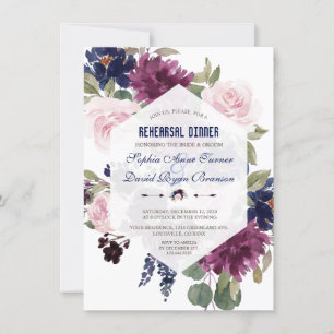 Lavender Navy Blue Floral Bloom Rehearsal Dinner Invitation