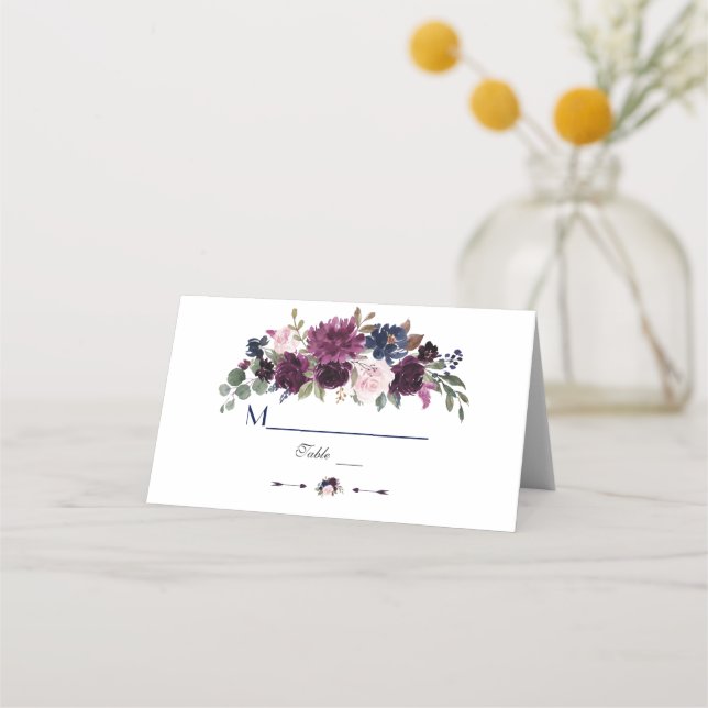 Lavender Navy Blue Floral Bloom Table Number Place Card (Front)