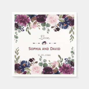 Lavender Navy Blue Floral Bloom Wedding Napkins
