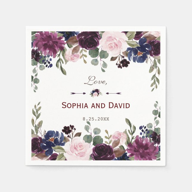 Lavender Navy Blue Floral Bloom Wedding Napkins (Front)