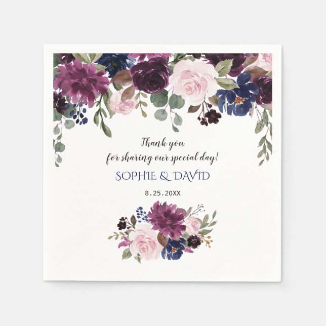 Lavender Navy Blue Floral Bloom Wedding Planner Napkins (Front)