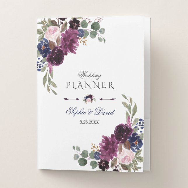 Lavender Navy Blue Floral Bloom Wedding Planner Pocket Folder (Front)