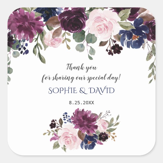 Lavender Navy Blue Floral Bloom Wedding Square Sticker (Front)