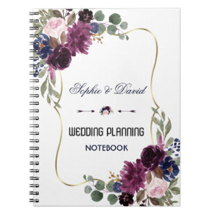 Lavender Navy Blue Gold Floral Wedding Planner Notebook