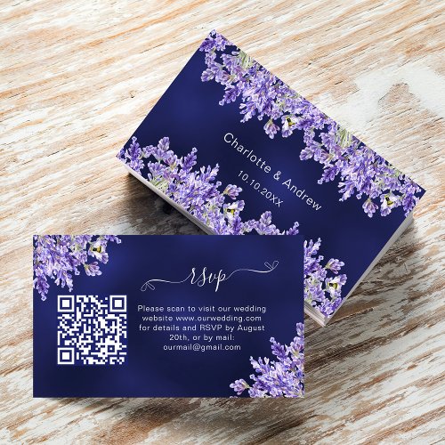 Lavender navy blue wedding website QR code RSVP Enclosure Card