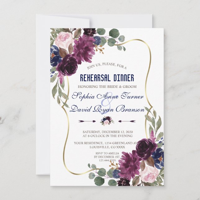 Lavender Navy Gold Floral Bloom Rehearsal Dinner Invitation (Front)