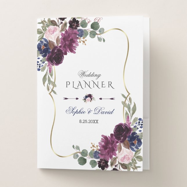 Lavender Navy Gold Floral Bloom Wedding Planner Pocket Folder (Front)
