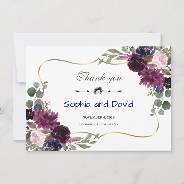 Lavender Navy Gold Floral Bloom Wedding Thank you (Front)