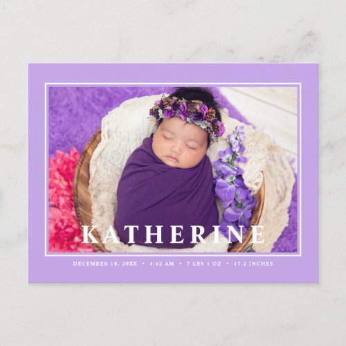Lavender New Baby Announcement Modern Simple Photo Postcard
