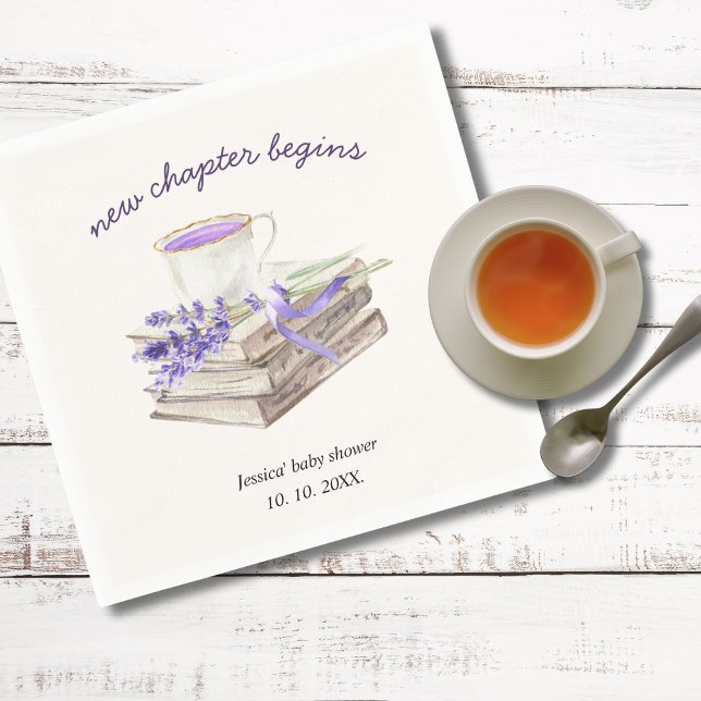 Lavender New Chapter Begins Tea Cup Baby Shower Napkins (New chapter begins personalized baby shower napkins)