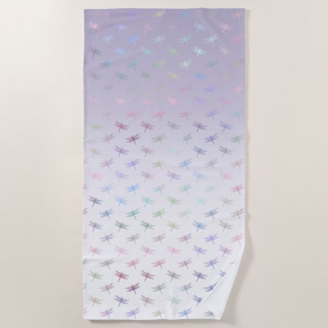 Lavender Ombre Rainbow Dragonflies Beach Towel (Front)