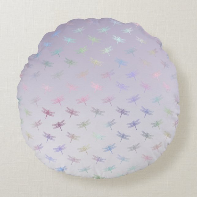 Lavender Ombre Rainbow Dragonflies Round Pillow (Front)
