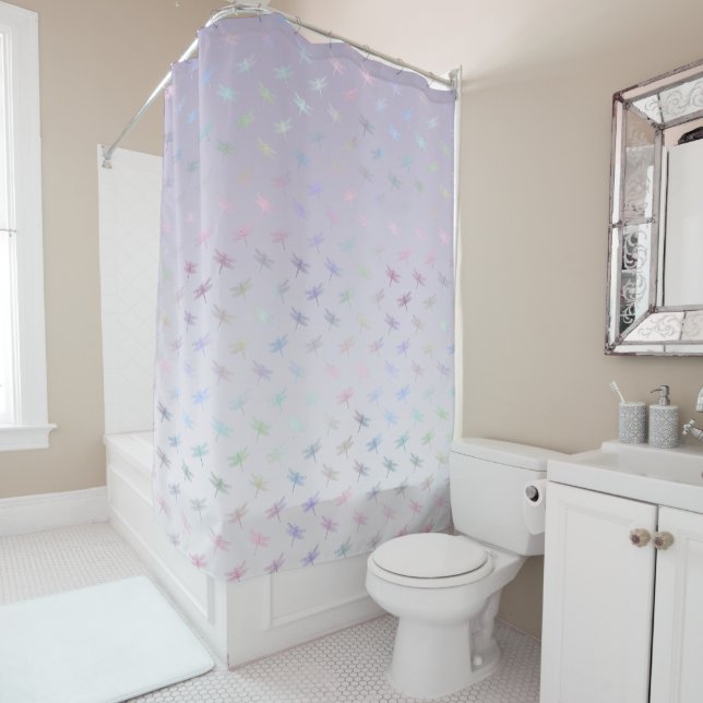 Lavender Ombre Rainbow Dragonflies Shower Curtain (In Situ)