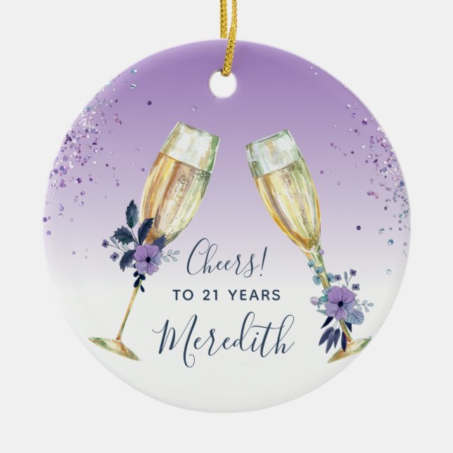 Lavender Ombre Teal Champagne Toast 21st Birthday Ceramic Ornament (Front)