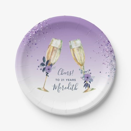 Lavender Ombre Teal Champagne Toast 21st Birthday Paper Plates