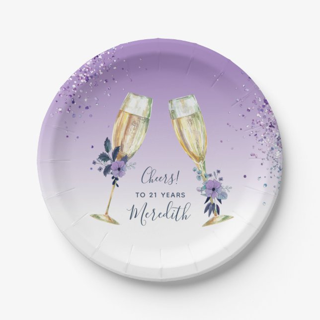 Lavender Ombre Teal Champagne Toast 21st Birthday Paper Plates (Front)