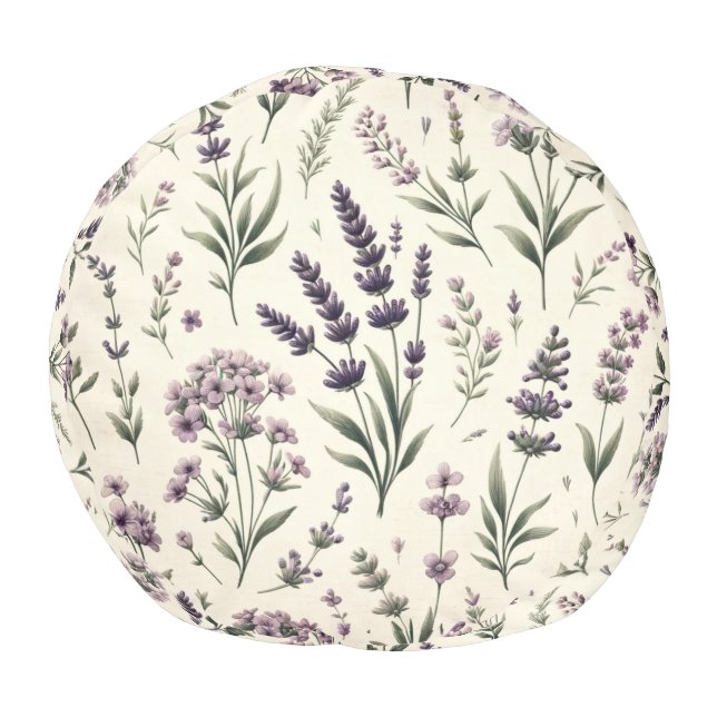 Lavender on Cream Vintage Floral Round Pouf (Top)