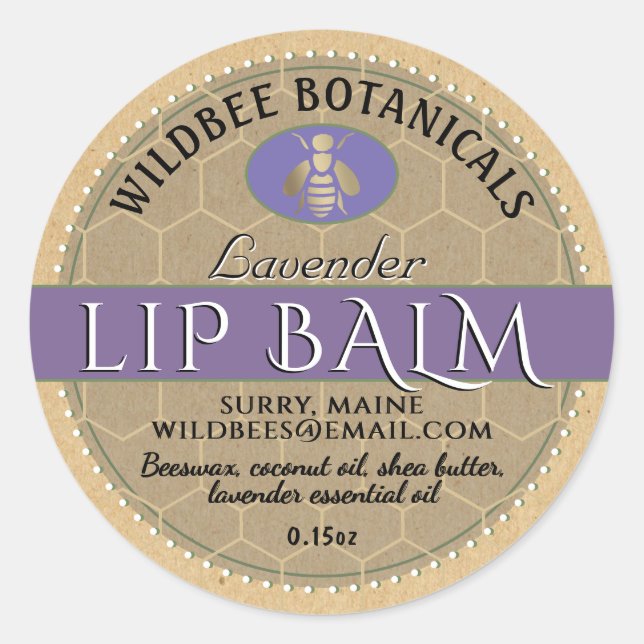 Lavender on Kraft Beeswax Lip Balm Dotted Border Classic Round Sticker (Front)