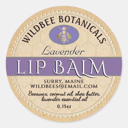 Lavender on Kraft Beeswax Lip Balm Dotted Border Classic Round Sticker