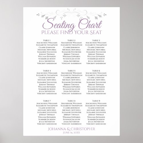 Lavender on White 9 Table Wedding Seating Chart