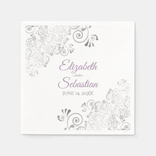 Lavender on White & Silver Frills Elegant Wedding Napkins