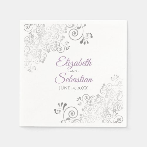 Lavender on White  Silver Frills Elegant Wedding Napkins