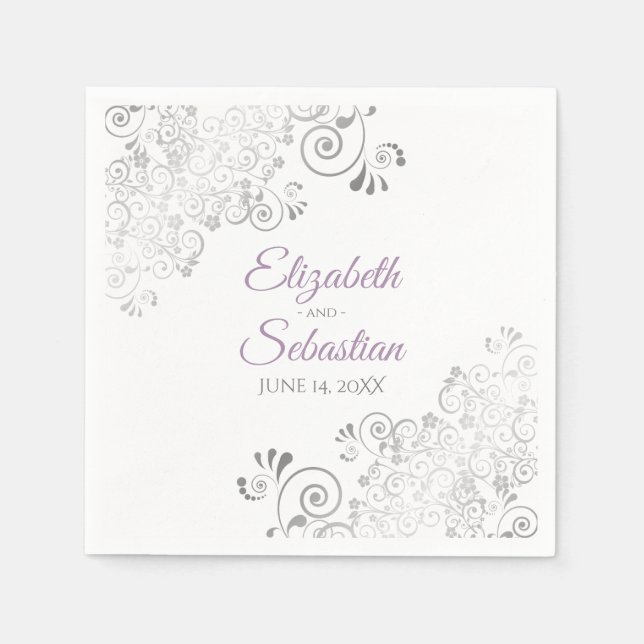 Lavender on White & Silver Frills Elegant Wedding Napkins (Front)