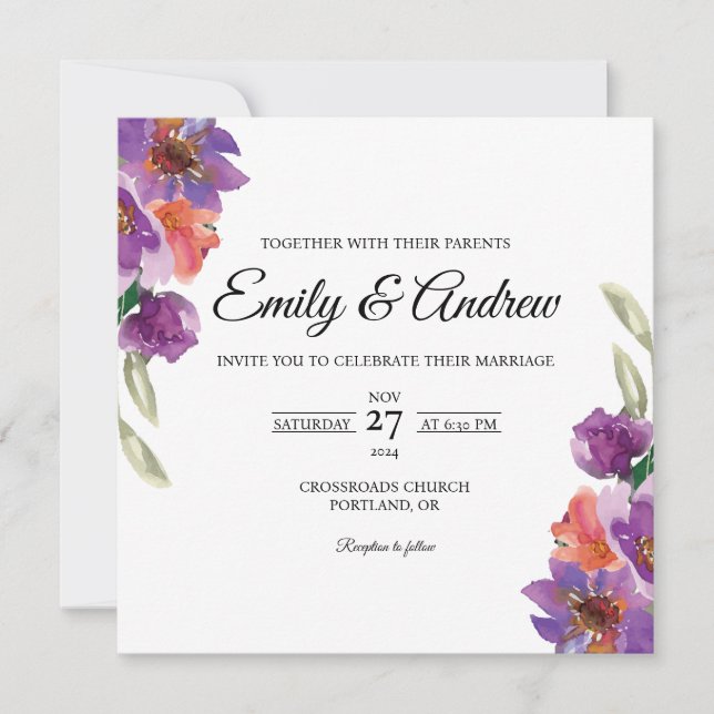 Lavender Orange Floral Watercolor Square Wedding Invitation (Front)