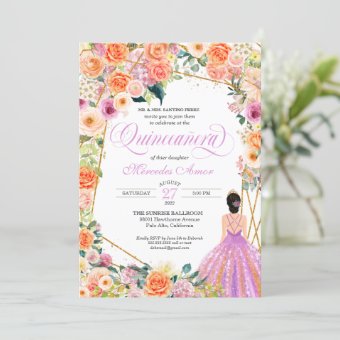 Lavender Orange Peach Floral Roses Quinceanera Invitation | Zazzle